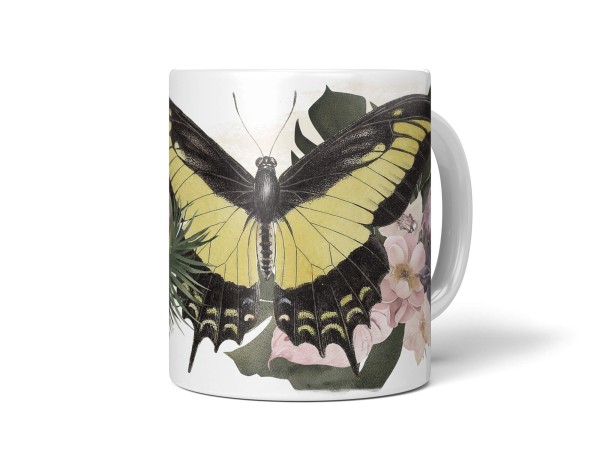 Dekorative Tasse mit schönem Motiv Schmetterling exotische Blumen Pflanzen Kunstvoll