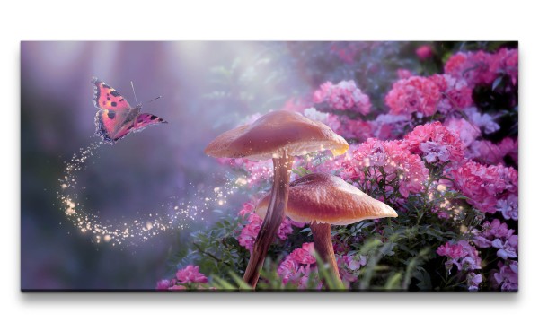 Leinwandbild 120x60cm Märchenland Pilze Schmetterlinge Zauber Blumen Schön