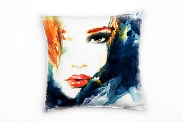Abstrakt, Frauengesicht, gemalt, blau, orange Deko Kissen 40x40cm für Couch Sofa Lounge Zierkissen
