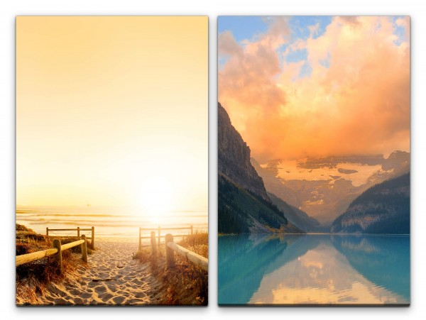 2 Bilder je 60x90cm Sandstrand Meer Berge Bergsee Wolke Reflexion Natur