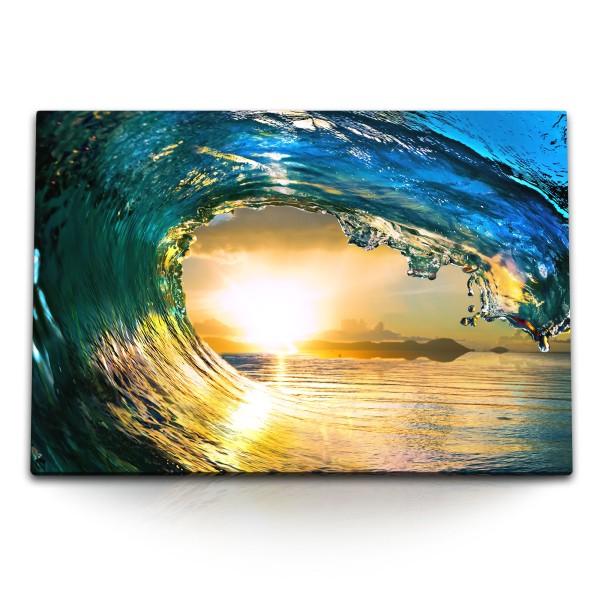 120x80cm Wandbild auf Leinwand Welle Meer Sonnenuntergang Abendröte Surfen