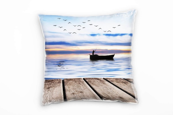 Meer, Angler, Boot, Dämmerung, Steg, blau, orange Deko Kissen 40x40cm für Couch Sofa Lounge Zierkiss