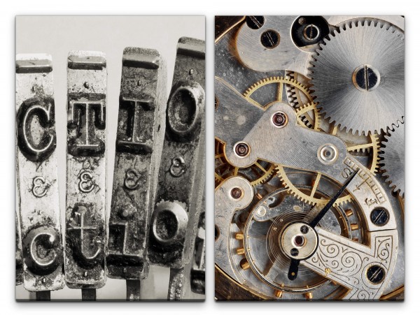 2 Bilder je 60x90cm Schreibmaschine Buchstaben Zahnräder Zeit Uhrwerk Mechanisch Büro