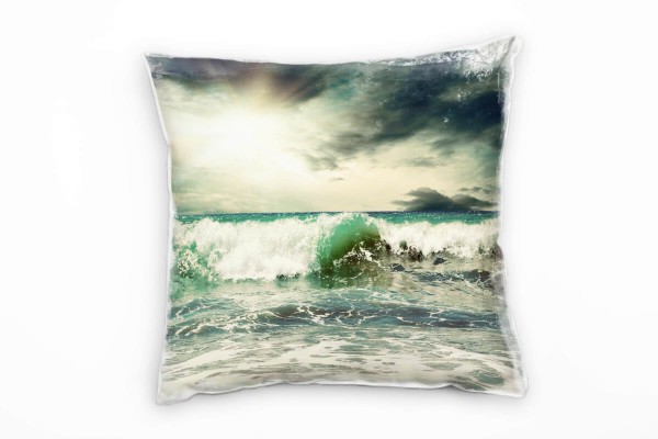 Meer, türkis, grau, überschlagende Welle, Sonne Deko Kissen 40x40cm für Couch Sofa Lounge Zierkissen