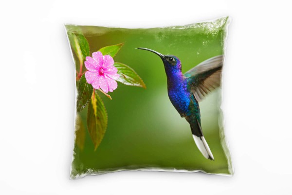 Tiere, Kolibri, Blüte, grün, blau, rosa Deko Kissen 40x40cm für Couch Sofa Lounge Zierkissen