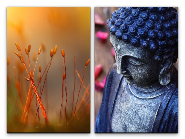2 Bilder je 60x90cm Buddha Blumen Knospen Rot Warm Meditation Beruhigend