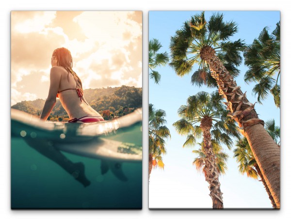 2 Bilder je 60x90cm Palmen Süden Surfen junge Frau Bikini Traumhaft Erholsam