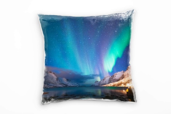 Landschaft, blau, türkis, gelb, Polarlichter, Berg Deko Kissen 40x40cm für Couch Sofa Lounge Zierkis
