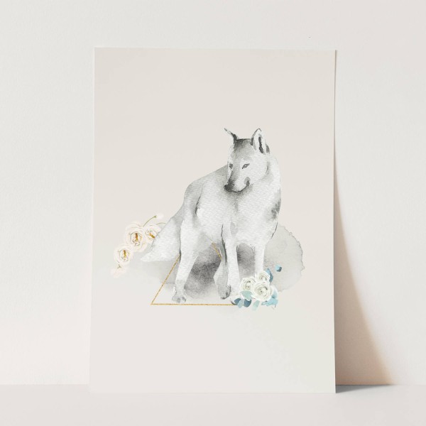Wandbild Tier Motiv weißer Wolf Blumen Pastelltöne