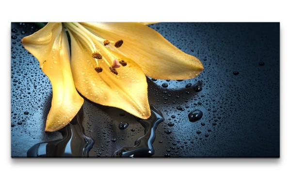Leinwandbild 120x60cm Gelbe Orchidee Blüte Blume Fotokunst Wassertropfen Schön