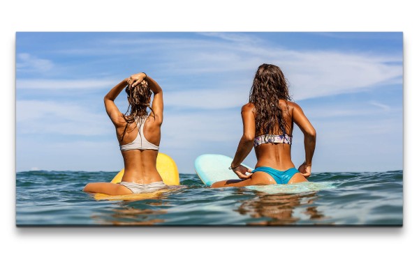 Leinwandbild 120x60cm Surfen Meer Sommer Surfbrett junge Frauen Sexy