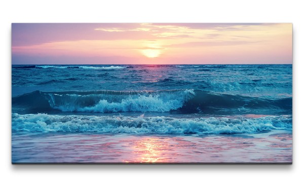 Leinwandbild 120x60cm Meer Wellen Horizont Sonnenuntergang Abendröte
