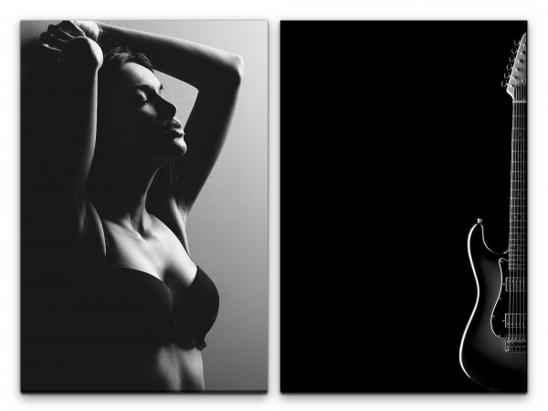 2 Bilder je 60x90cm Junge Frau Model Akt Sinnlich E-Gitarre Schwarz Weiß Genuss