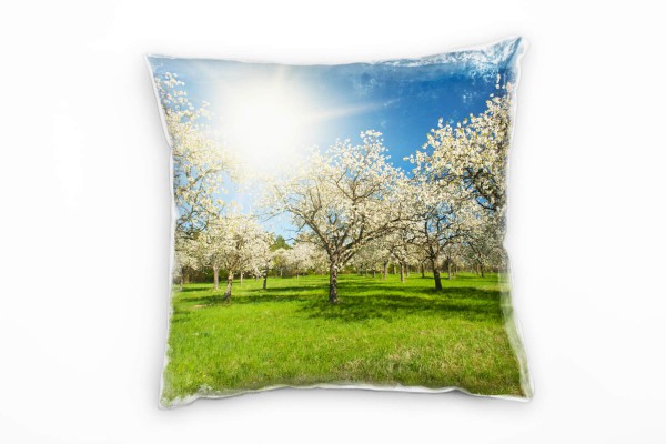 Natur, grün, weiß, blau, blühende Apfelbäume Deko Kissen 40x40cm für Couch Sofa Lounge Zierkissen