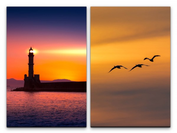 2 Bilder je 60x90cm Leuchtturm Abend Meer Küste Vögel Sonnenuntergang Lichtstrahlen