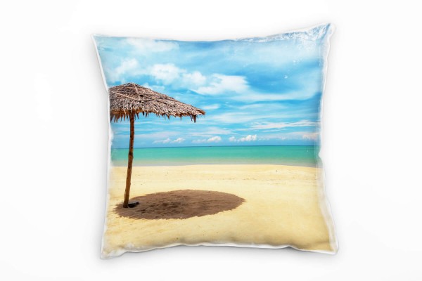 Strand und Meer, beige, türkis, Sonnenschirm, Thailand Deko Kissen 40x40cm für Couch Sofa Lounge Zie