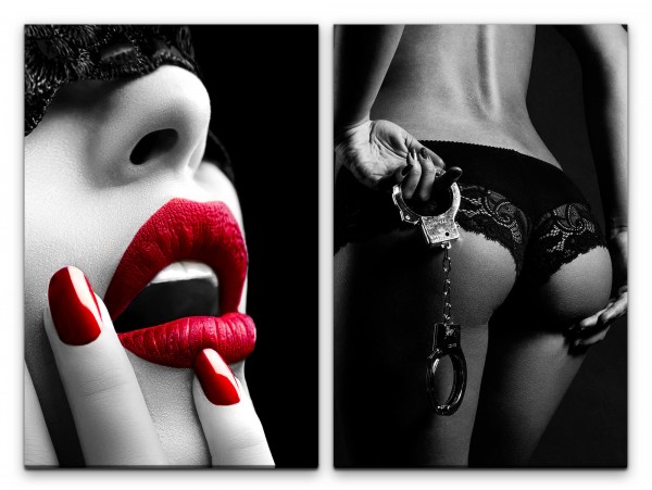 2 Bilder je 60x90cm Erotisch Akt Rote Lippen Roter Nagellack Handschellen Augenbinde Fetisch