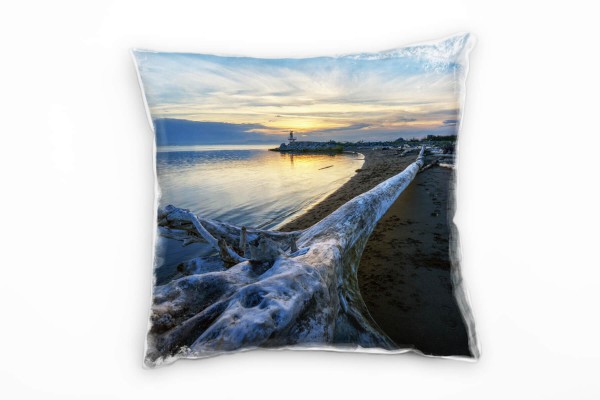Strand und Meer, Treibholz, Sonnenuntergang, blau Deko Kissen 40x40cm für Couch Sofa Lounge Zierkiss