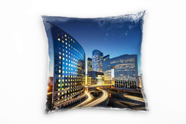 City, blau, gelb, Nacht, Lichtlinien, Hochhäuser Deko Kissen 40x40cm für Couch Sofa Lounge Zierkisse
