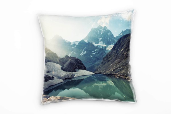Seen, blau, braun, Bergsee, schneebedeckte Berge Deko Kissen 40x40cm für Couch Sofa Lounge Zierkisse