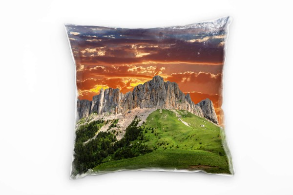 Landschaft, Berge, Sonnenuntergang, grün, orange Deko Kissen 40x40cm für Couch Sofa Lounge Zierkisse