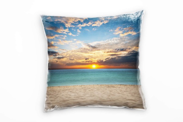 Strand und Meer beige, blau, orange, Sonnenuntergang Deko Kissen 40x40cm für Couch Sofa Lounge Zierk