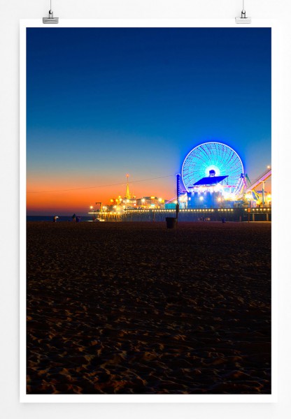 Landschaftsfotografie 60x90cm Poster Riesenrad bei Nacht Santa Monica LA USA