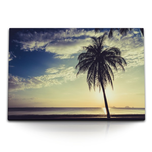120x80cm Wandbild auf Leinwand Palme Kokospalme Sonnenuntergang Meer Karibik