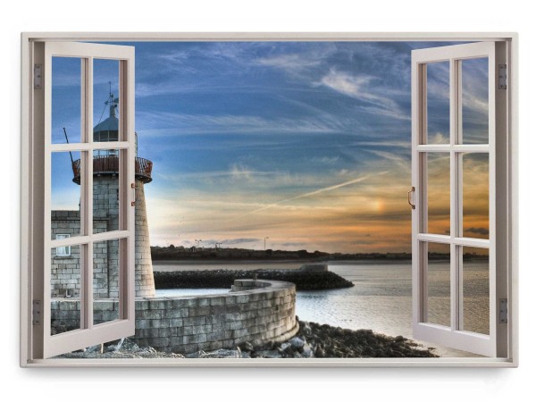 Wandbild 120x80cm Fensterbild Küste Leuchtturm Meer Sonnenuntergang