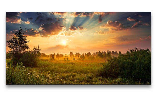Leinwandbild 120x60cm Natur Sonnenuntergang Waldrand Bäume Himmel Frieden
