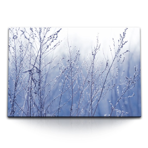 120x80cm Wandbild auf Leinwand Winter Schnee Natur Blau Äste Gebüsch