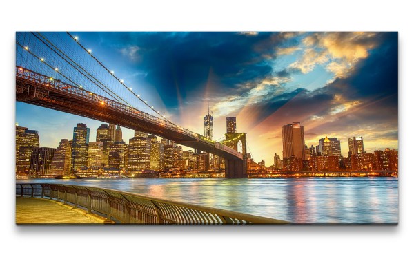 Leinwandbild 120x60cm New York Brücke Brooklyn Bridge Park Fluss Skyline Himmel