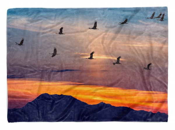 Handtuch Strandhandtuch Saunatuch Kuscheldecke mit Fotomotiv Berge Sonnenuntergang Vögel