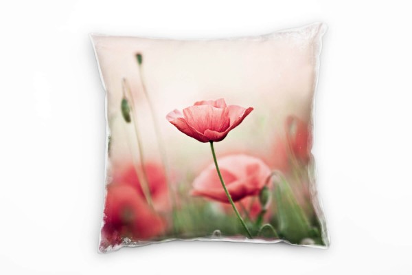 Blumen, grün, rot, Klatschmohn, Pastellfarben Deko Kissen 40x40cm für Couch Sofa Lounge Zierkissen
