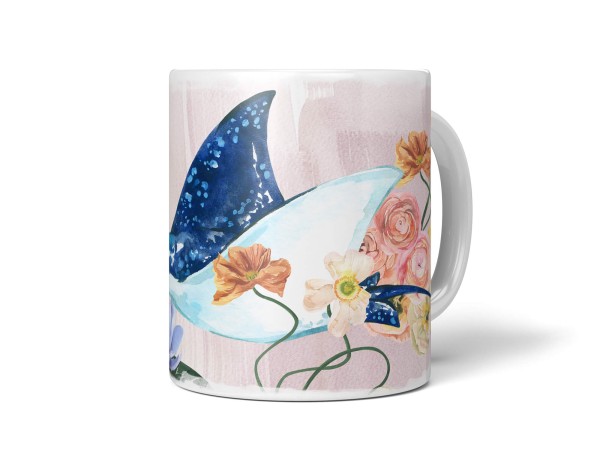 Dekorative Tasse mit schönem Motiv Manta Rochen Riesenrochen Aquarell Blumen Farbenfroh Wasserfarben