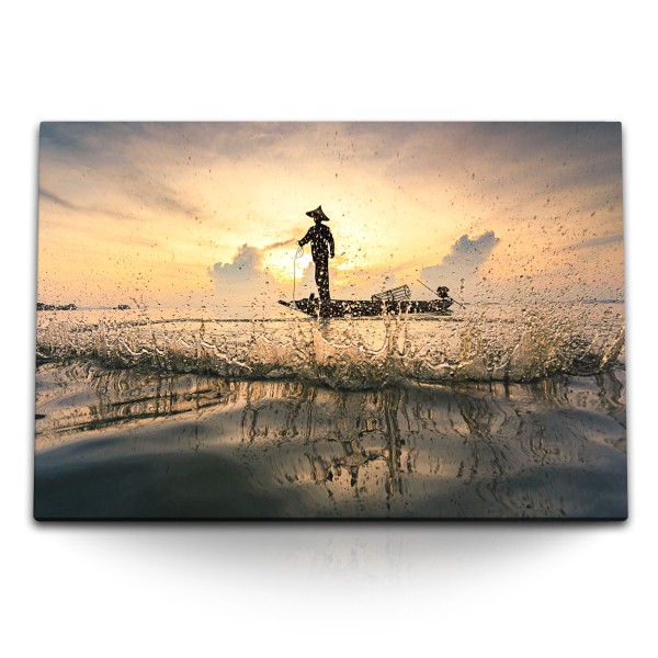 120x80cm Wandbild auf Leinwand Meer Horizont Sonnenuntergang Fischer Thailand