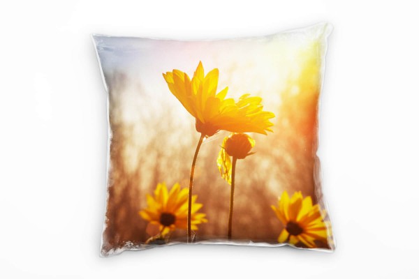 Blumen, gelb, blau, Blumen im Sonnenaufgang Deko Kissen 40x40cm für Couch Sofa Lounge Zierkissen