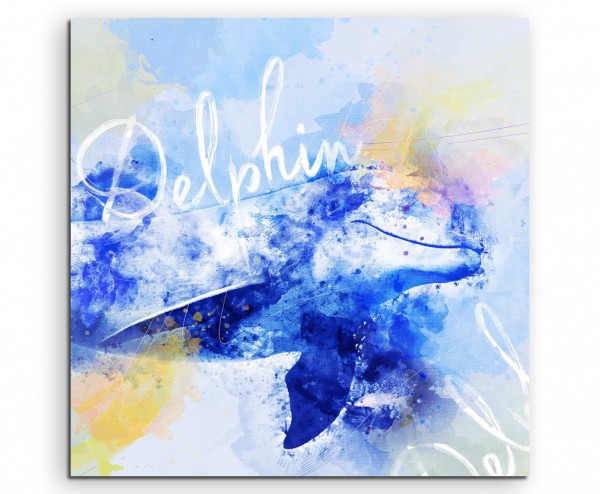 Schwimmender Delfin in Blautönen mit Kalligraphie