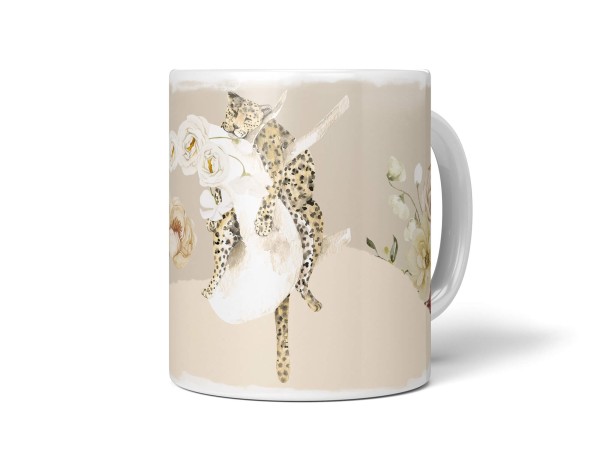Tasse Porzellan Tier Motiv Jaguar Blumen Blüten Wasserfarben Traumhaft