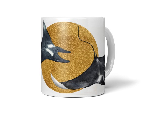 Dekorative Tasse mit schönem Motiv schwarze Riesenrochen Rochen Manta schönem Design Gold