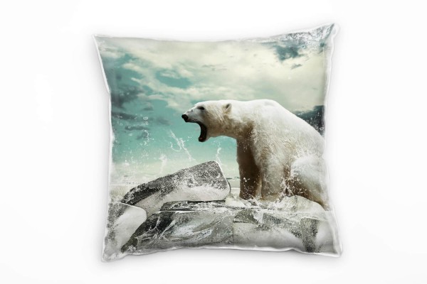 Tiere, türkis, grau, weiß, Eisbär auf einer Eisscholle Deko Kissen 40x40cm für Couch Sofa Lounge Zie