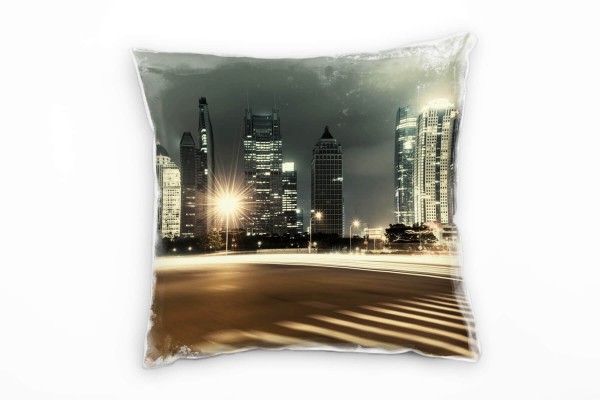 City, Shanghai, Nacht, Lichter, braun, grau Deko Kissen 40x40cm für Couch Sofa Lounge Zierkissen