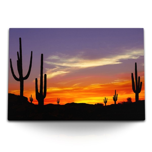 120x80cm Wandbild auf Leinwand Mexikanische Landschaft Abendrot Kakteen roter Horizont