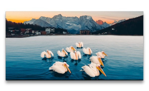 Leinwandbild 120x60cm Pelikane Berge See Natur Malerisch Kunstvoll Abendröte
