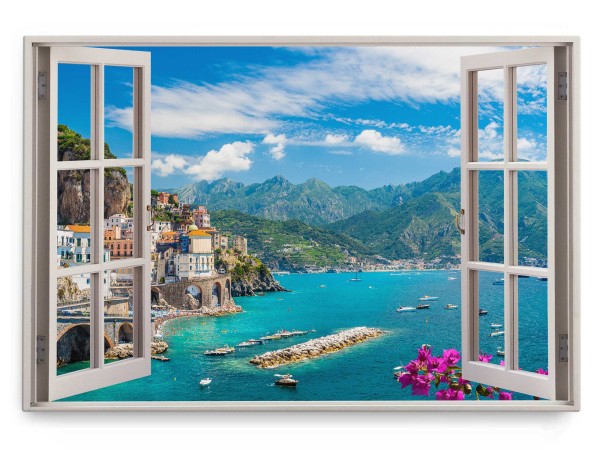 Wandbild 120x80cm Fensterbild Italien Küste Küstenstadt Historisch Berge Mittelmeer