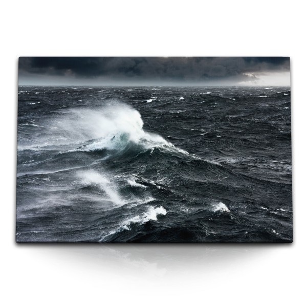 120x80cm Wandbild auf Leinwand Raue See Ozean Meer Wellen Dunkel Sturm