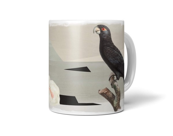 Dekorative Tasse mit schönem Vogel Motiv schwarzer Papagei schönem Design Kunstvoll Pastelltöne