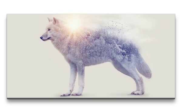 Leinwandbild 120x60cm Weißer Wolf Wald Vögel Natur Kunstvoll Schnee Mystisch