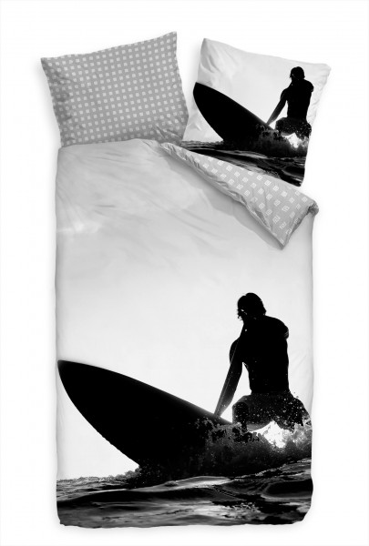 Surfer Welle Schwarzweiss Schattenriss Bettwäsche Set 135x200 cm + 80x80cm Atmungsaktiv