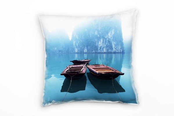 Meer, blau, braun, Boote, Felsen im Dunst, Vietnam Deko Kissen 40x40cm für Couch Sofa Lounge Zierkis